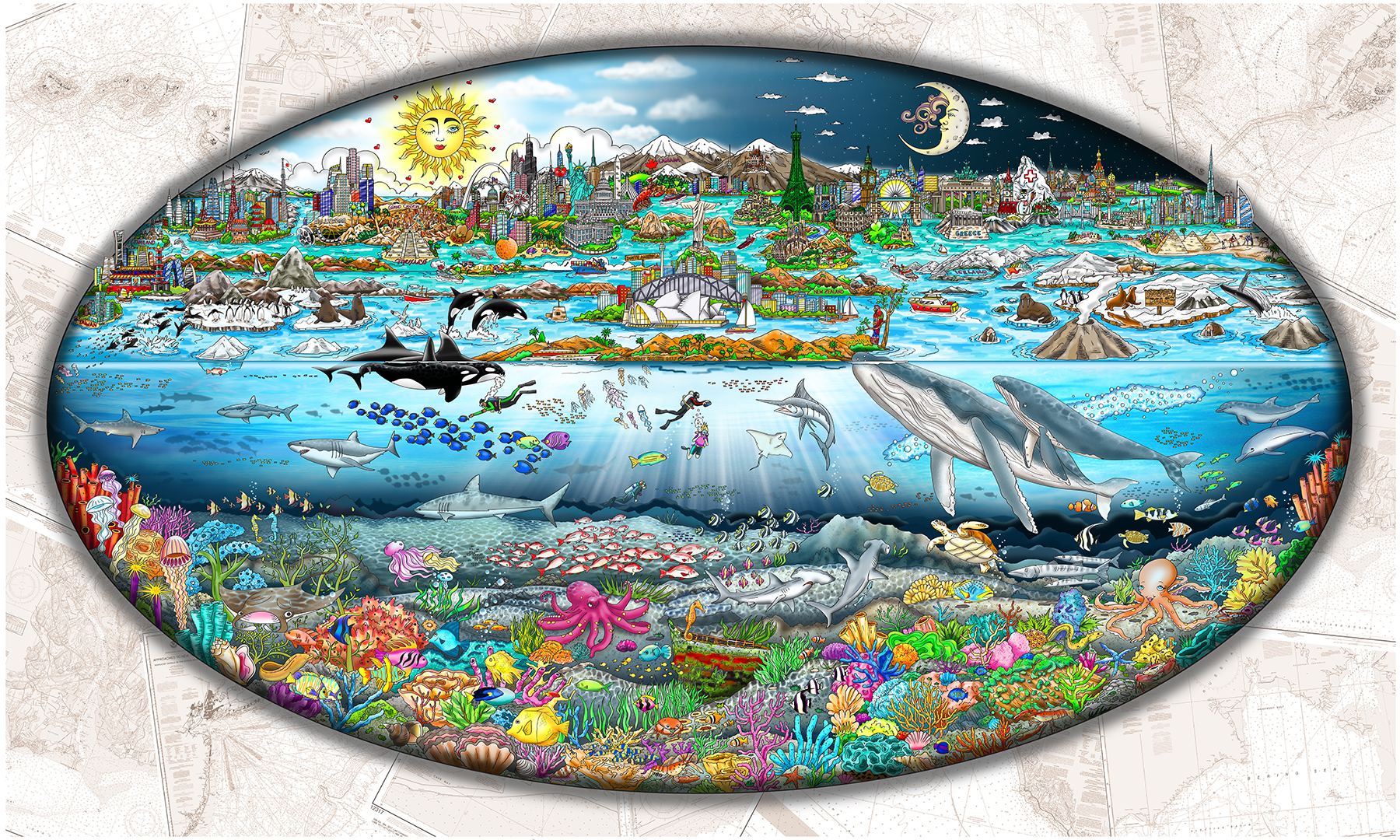 Charles Fazzino Our Oceans... The Tides of Life (PRDX) (Grey Map)