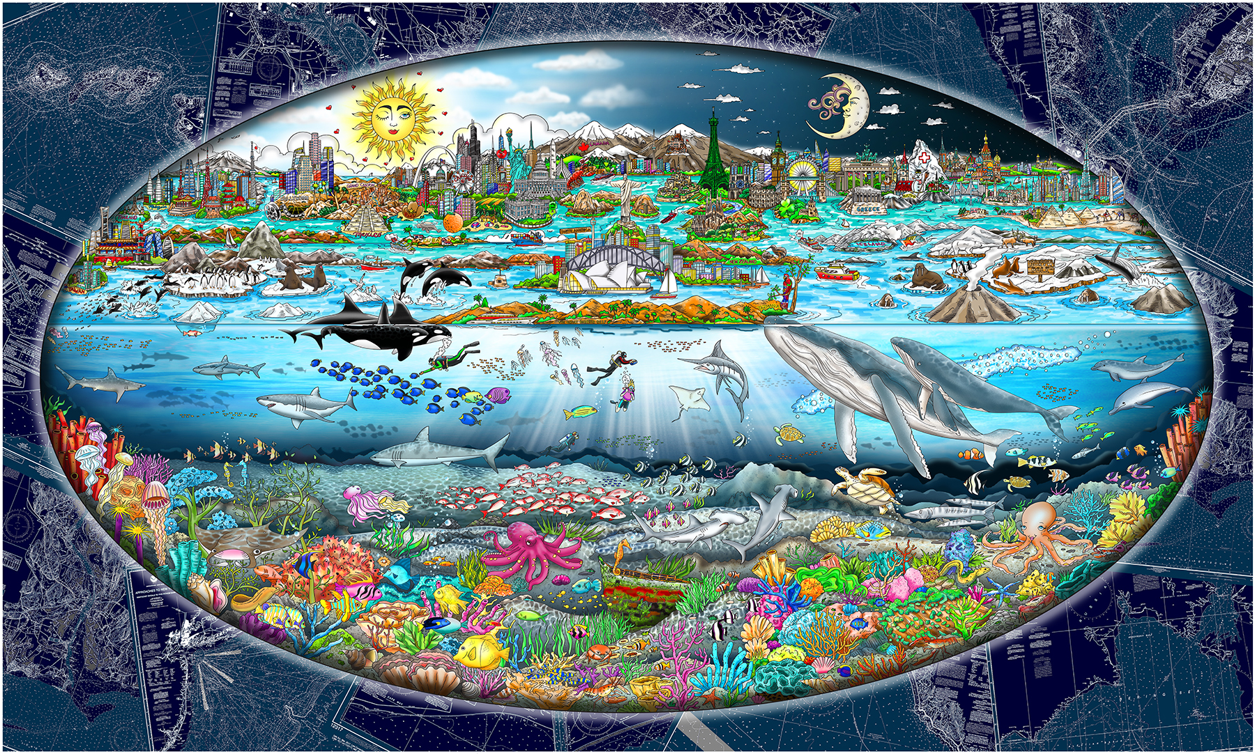 Charles Fazzino Our Oceans... The Tides of Life (PR) (Dark Blue Map)