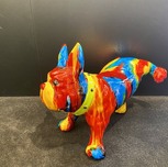 Ancizar Marin Sculptures  Ancizar Marin Sculptures  Peeing Frenchie (SS - Rainbow Swirl - Lime Green Collar, Blue Dots)