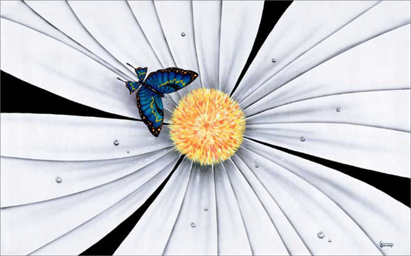 Michael Godard Butterfly, White Daisy Flower (G)