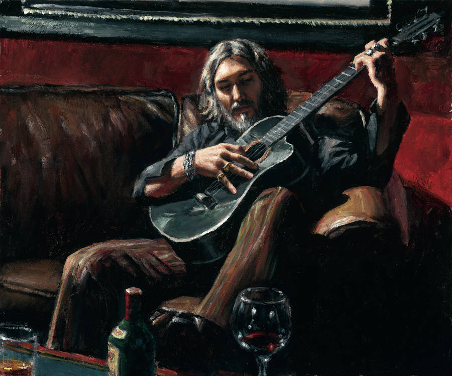 Fabian Perez Self Portrait with Guitar on the Couch